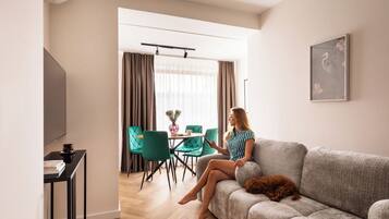 A living room with a sofa, a dining area with chairs, and a television.