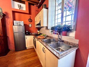 A kitchen with wooden cabinets, a stainless steel sink, a refrigerator, and a window with potted plants. - Casa Florian in the historic center (LUCCA)