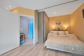 Une chambre à coucher avec un lit, une douche et une porte donnant sur une autre pièce.