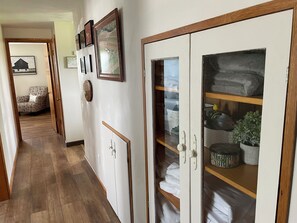 Een gang met een houten vloer, een garderobe met glazen deur en een stoel.