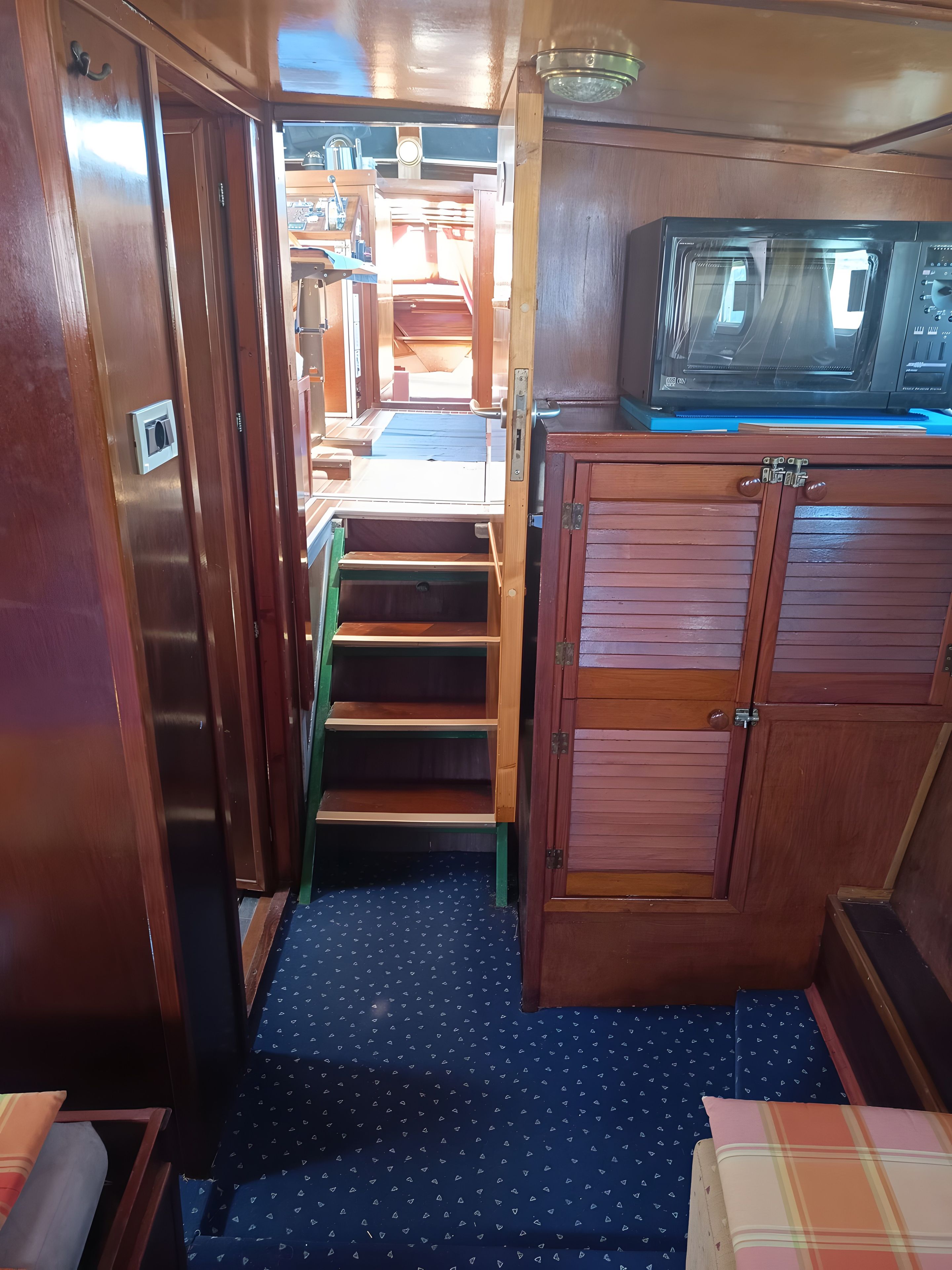 A narrow corridor with a wooden door, a microwave on a cabinet, and a blue patterned floor.