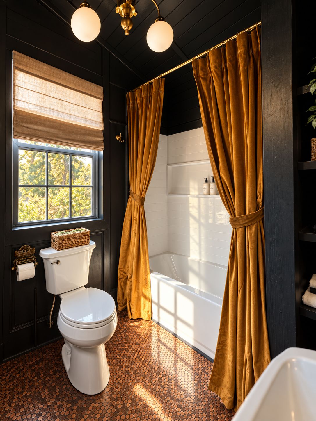 A bathroom with a toilet, a window with a blind, a bathtub, and a shower curtain.
