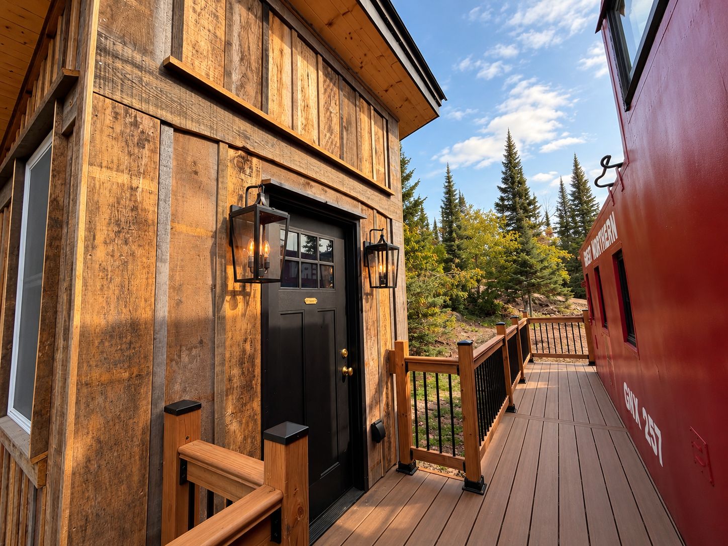 A wooden building with a black door, two wall-mounted lanterns, and a wooden deck with a railing.