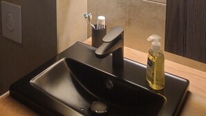 Een moderne badkamer met een zwart wastafel, een ronde spiegel met verlichting onder de rand, en een kleine plant aan de muur.