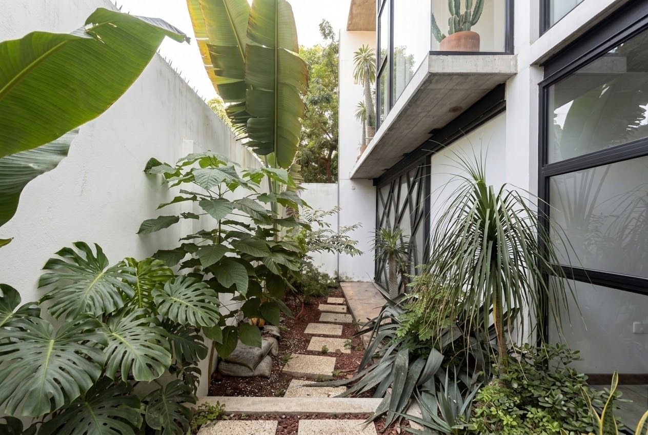 Een smal pad, omzoomd door grote tropische planten, leidt naar een modern gebouw met grote ramen.