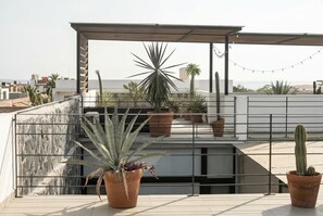 Een dakterras met plantenbakken, een pergola en uitzicht op de stad.