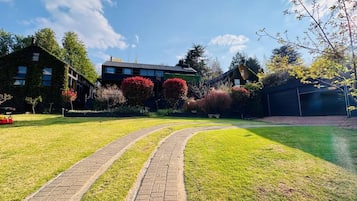 Un césped cuidado con un sendero curvo de ladrillo que conduce a un edificio moderno con ventanas amplias.
