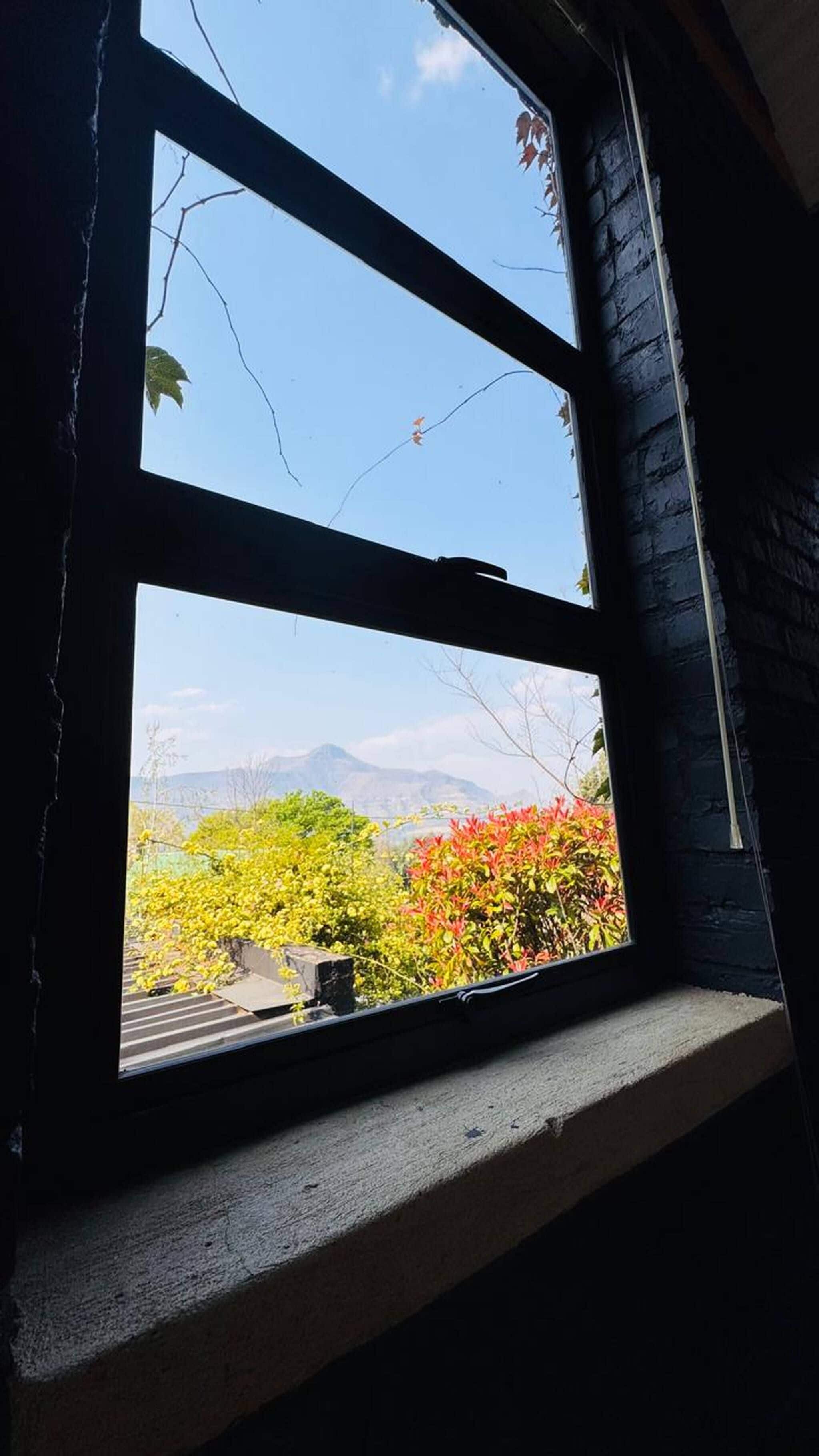 Una ventana con vistas a un paisaje, que incluye árboles y una cadena montañosa.