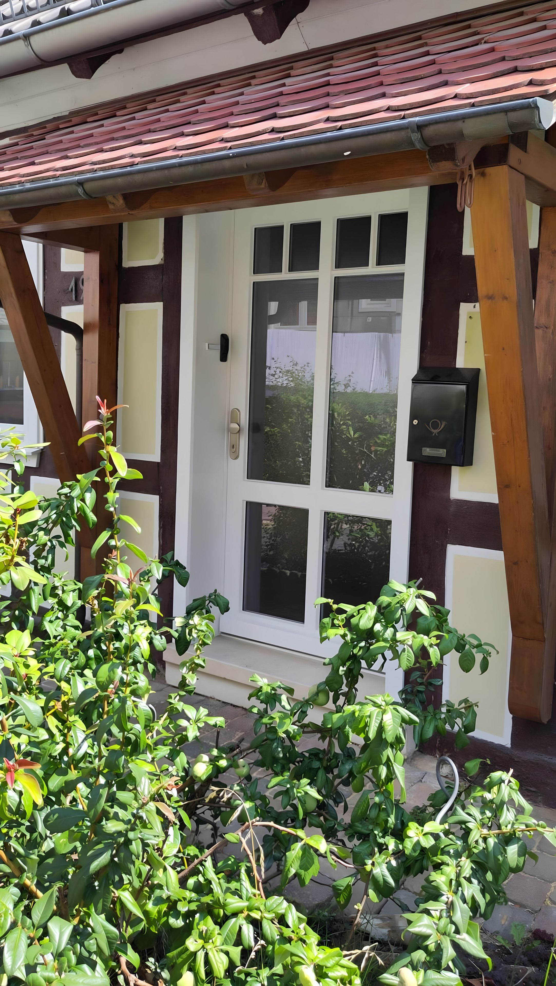 A house with a white door, a window with a curtain, and a small garden area with green plants.