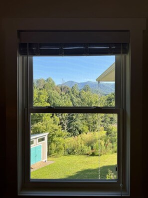 Janela com vista para uma paisagem verde, incluindo árvores e um edifício.