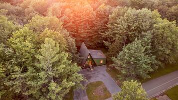 A cabin surrounded by dense forest with a gravel driveway leading to the entrance.