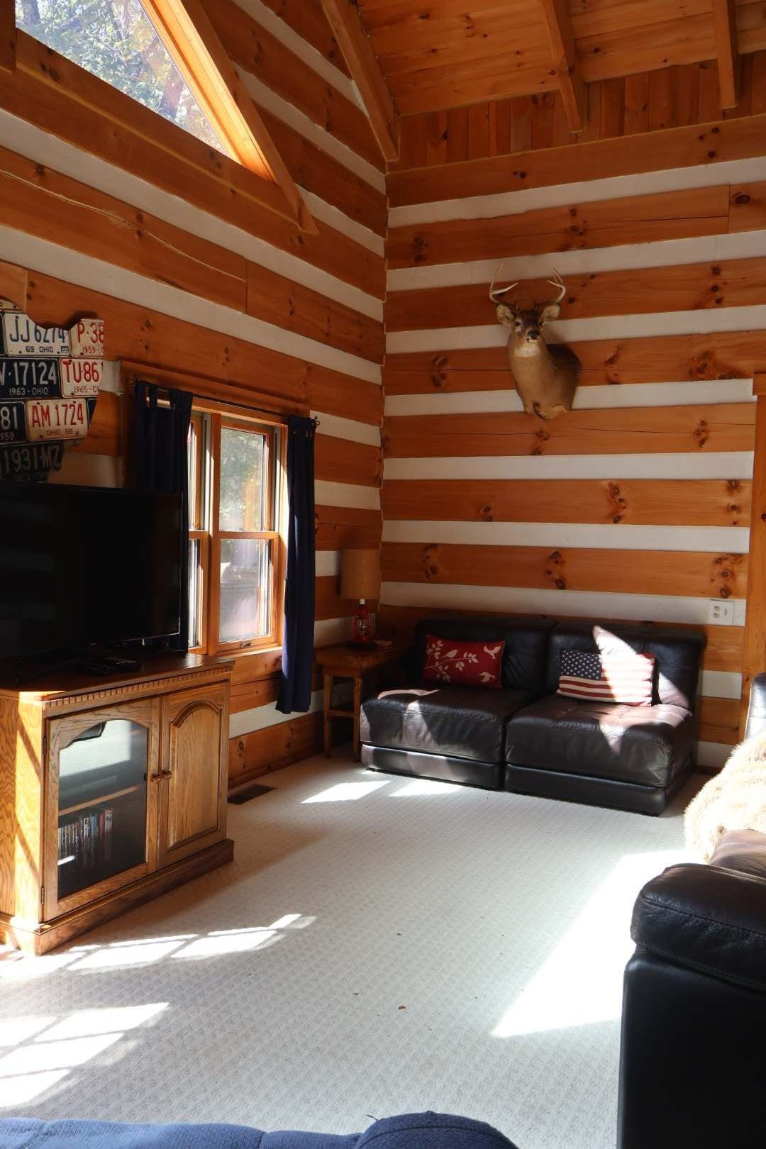 A log cabin interior with a television, a sofa, and a mounted deer head.