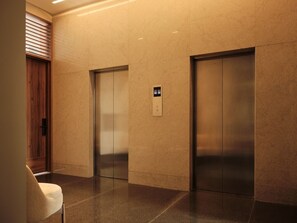 A hallway with two elevators and a wooden door. - Roma Residence | Luxury Suite 201 (Mexico City)