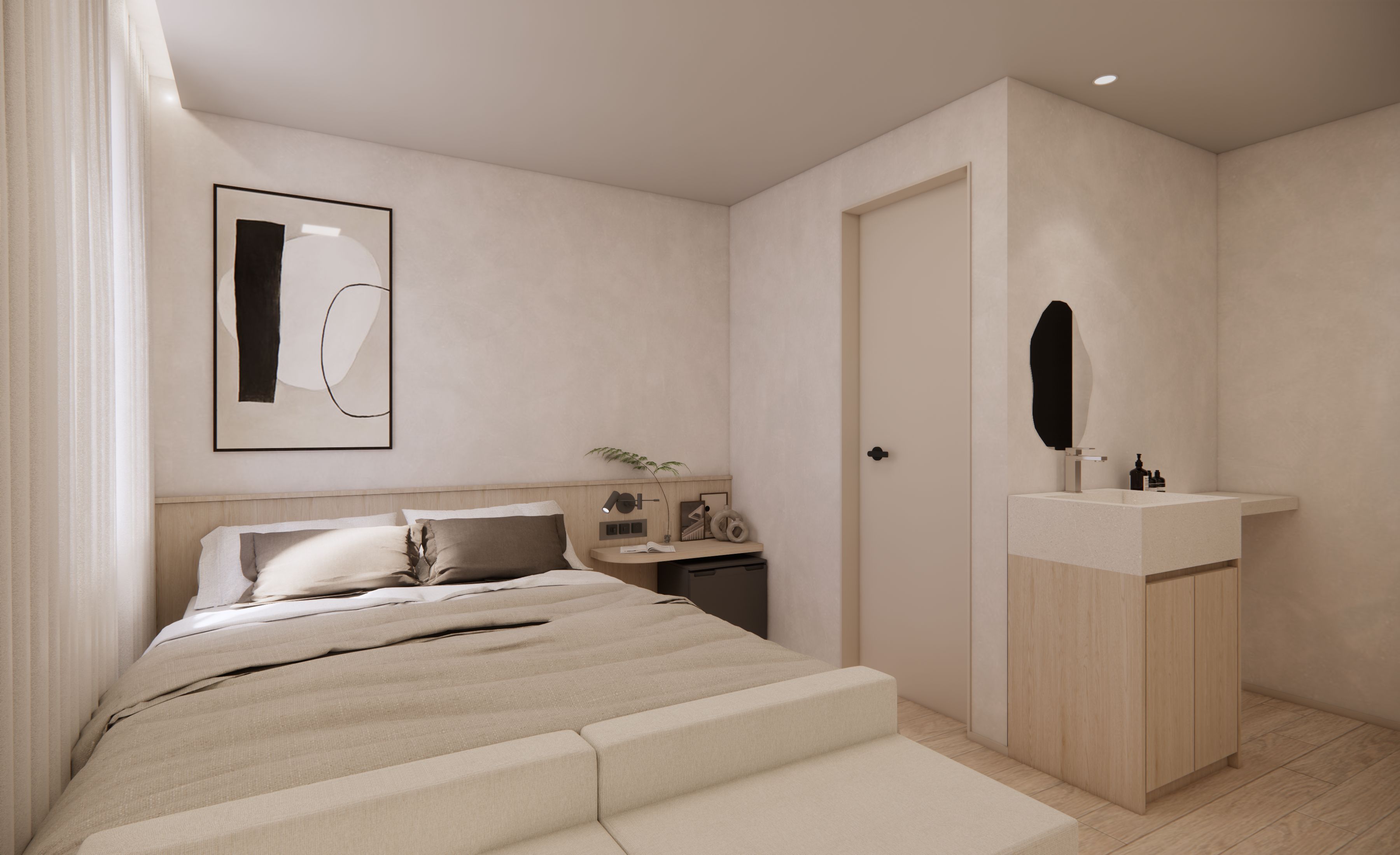 A modern bedroom with a bed, bedside table, and a built-in wardrobe.