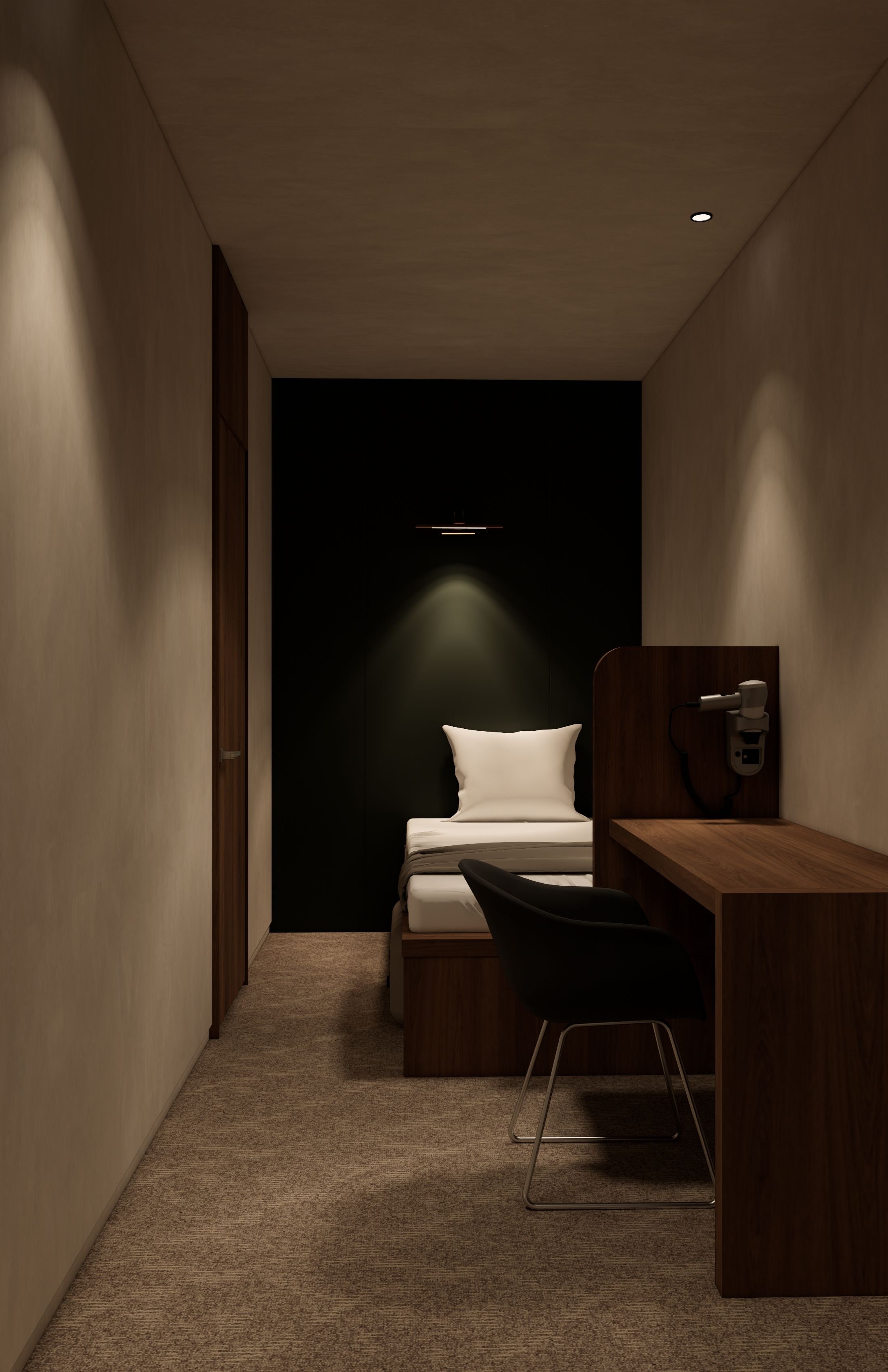 Una habitación pequeña con poca luz, una cama, un escritorio y una silla.
