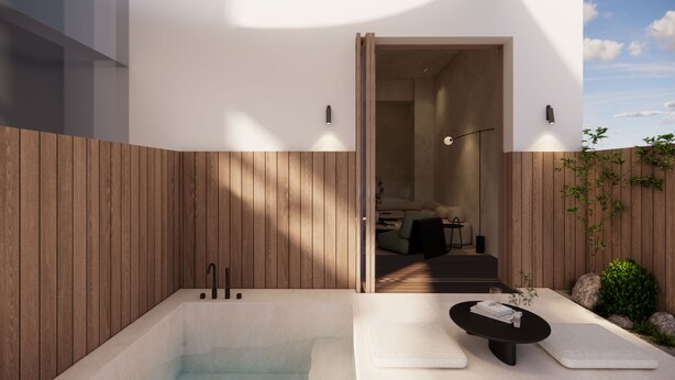 A modern outdoor bathroom with a hot tub, wooden paneling, and a view into the adjacent living area. - Hotel COTA (Busan)