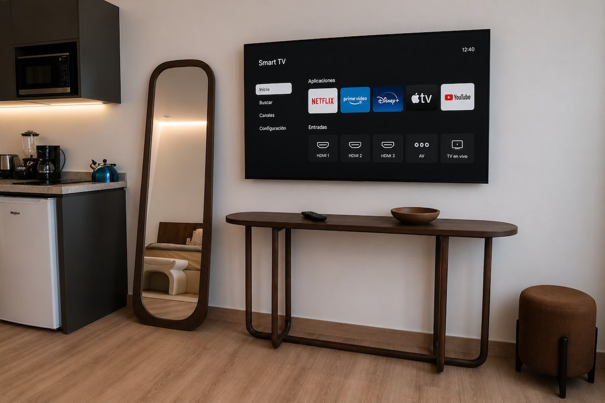 A modern living room with a flat-screen TV mounted on the wall displaying a smart TV interface.