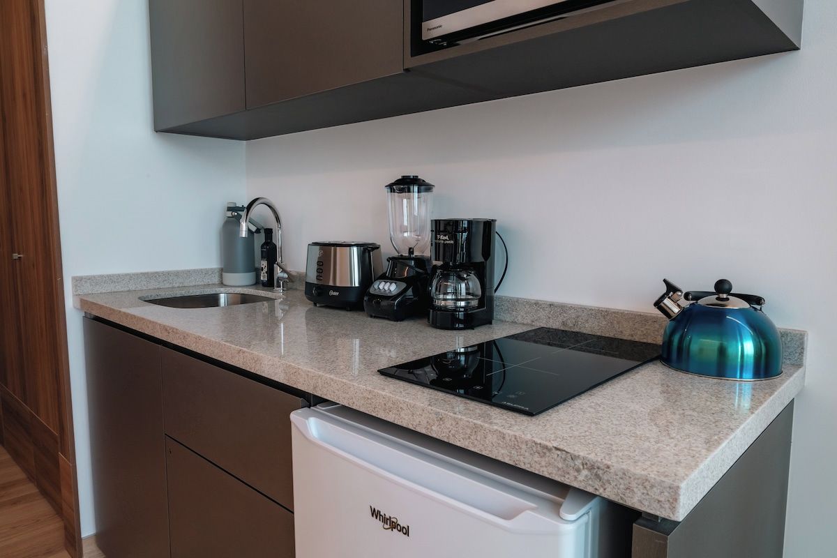 Fridge, microwave, electric kettle, toaster