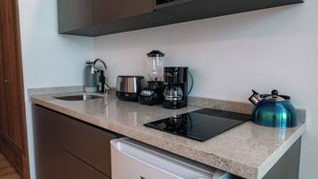 Fridge, microwave, electric kettle, toaster