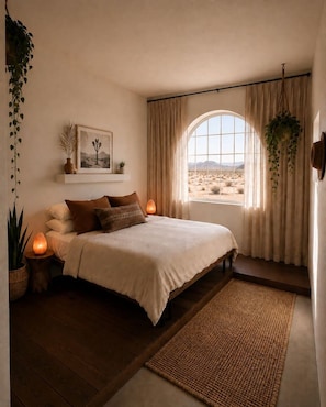 Una camera da letto con un letto grande, una finestra con tende, una pianta pensile e un quadro appeso al muro.