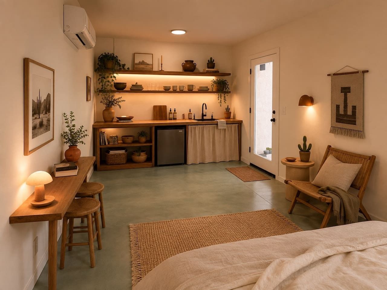 A compact living space with a kitchenette, a dining area, and a seating area with a chair and a table.