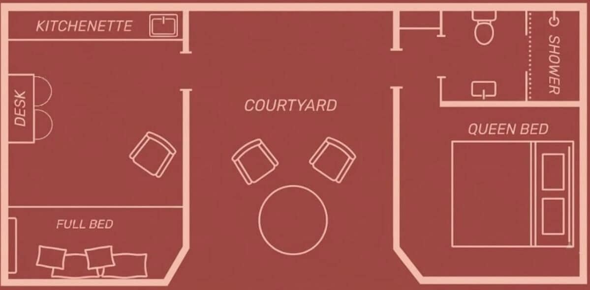 A floor plan with a kitchenette, desk, full bed, courtyard, and queen bed.