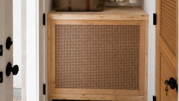 Een houten bank met een gevlochten mand en een hangplant.