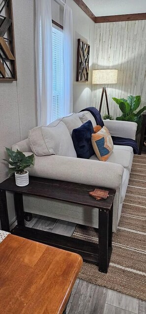 A living room with a sofa, a small table, and a potted plant.