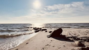 A beach with waves, rocks, and a clear sky.