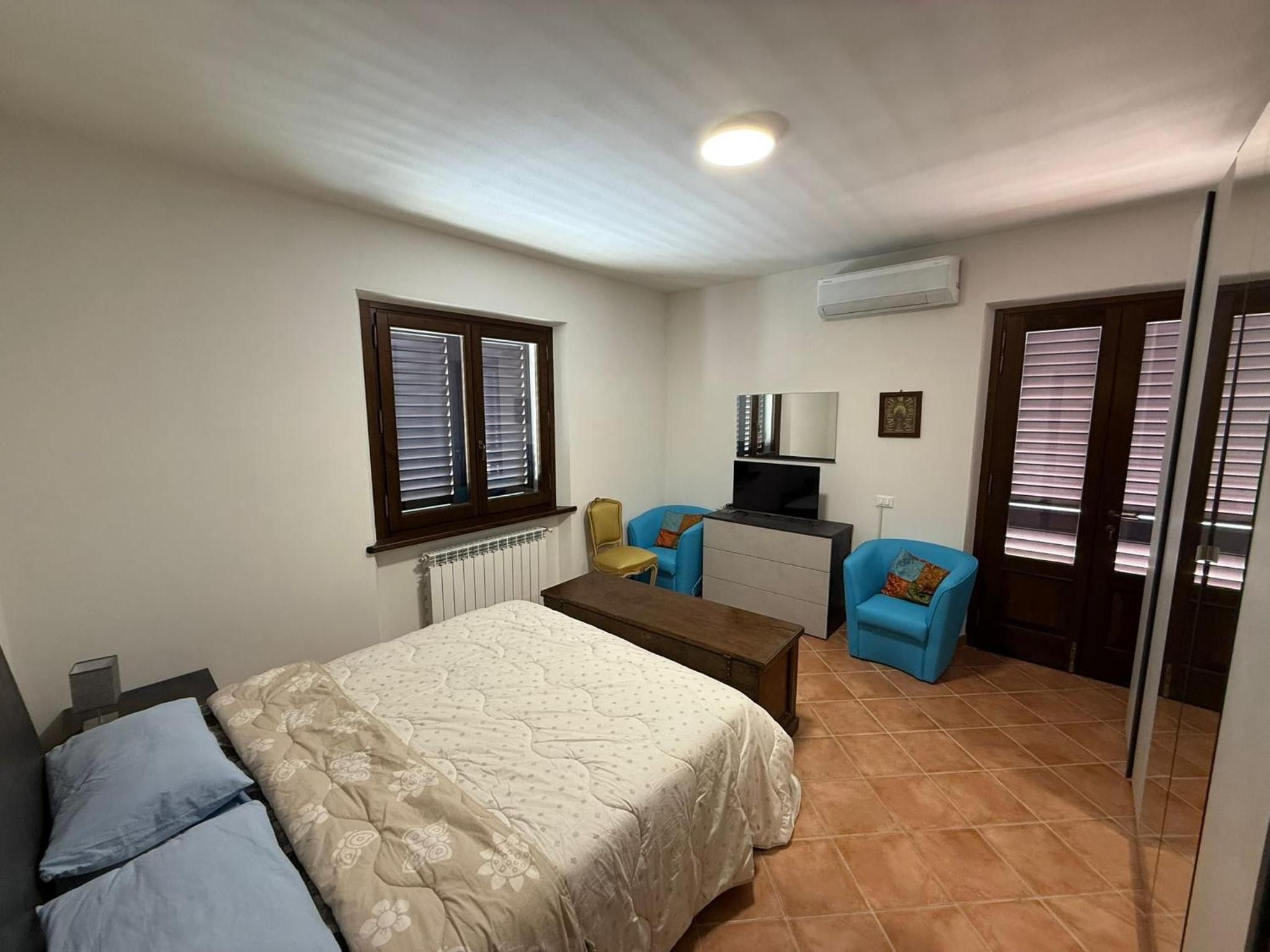 Una camera da letto con un letto, una scrivania, una sedia, un televisore e un termosifone.
