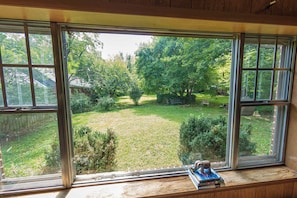 A window with a view of a grassy yard and trees.