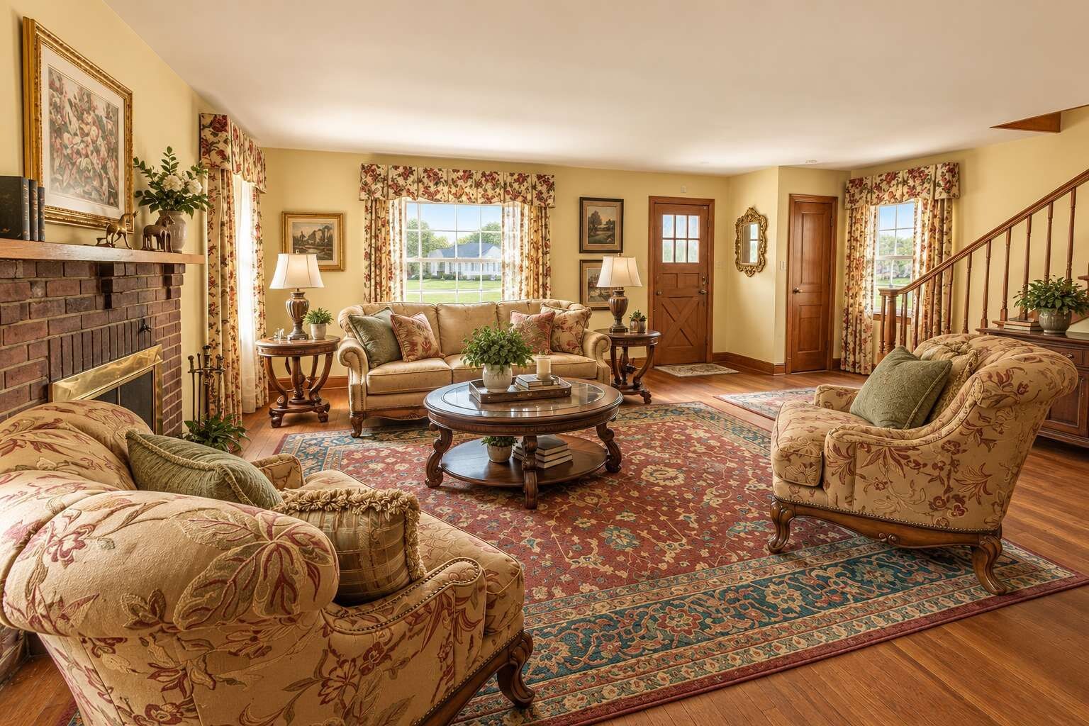A traditional living room with a fireplace, floral-patterned furniture, and a large rug.