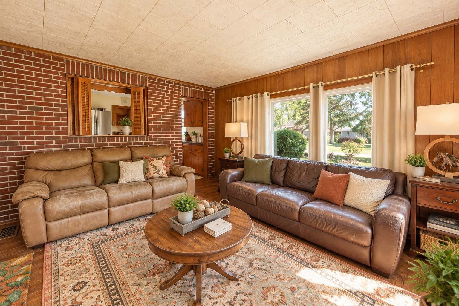 A living room with two leather sofas, a coffee table, and a brick wall.