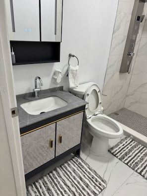 A modern bathroom with a sink, toilet, and shower. - ABBY COURT (Mandeville)