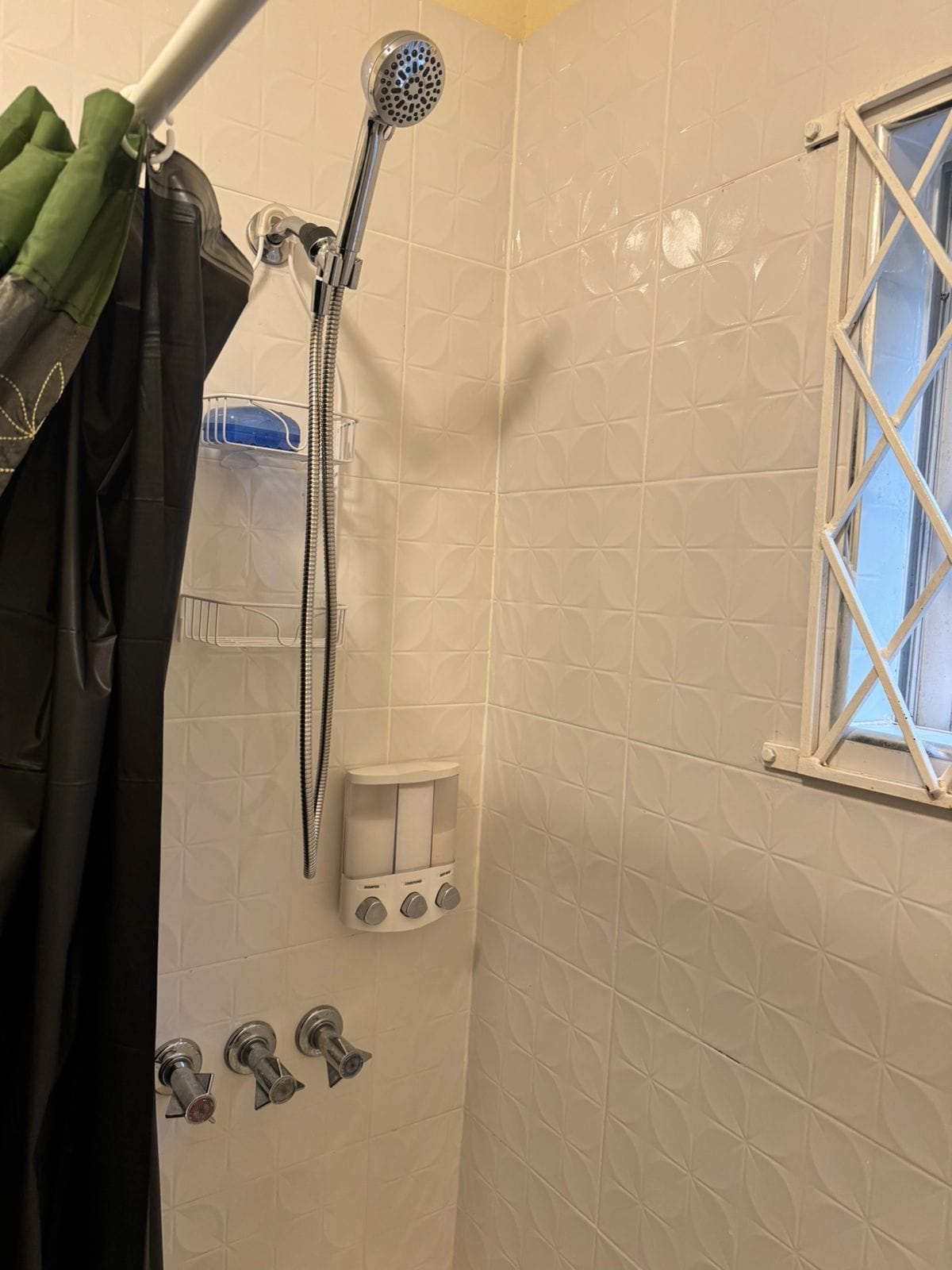Ein Badezimmer mit Dusche, Fenster und Handtuchhalter.