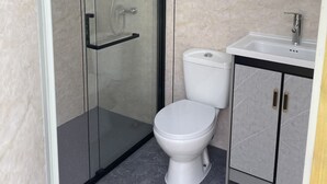A modern bathroom with a glass-enclosed shower, a white toilet, and a sink with a mirror above it.