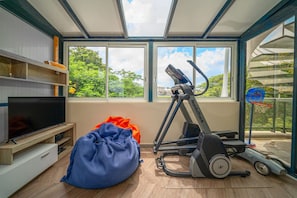 Ein Zimmer mit Fernseher, Fitnessgeräten, einem großen Fenster und Blick auf Grünflächen.