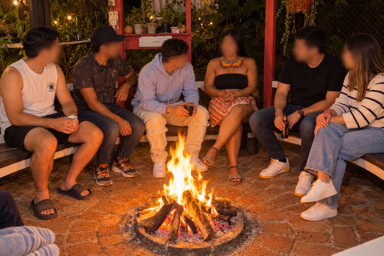 A group of people seated around a fire pit in an outdoor setting.
