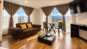 Una sala de estar moderna con un sofá marrón, una mesa de centro y un televisor. Hay dos ventanas con cortinas, y vistas al exterior.