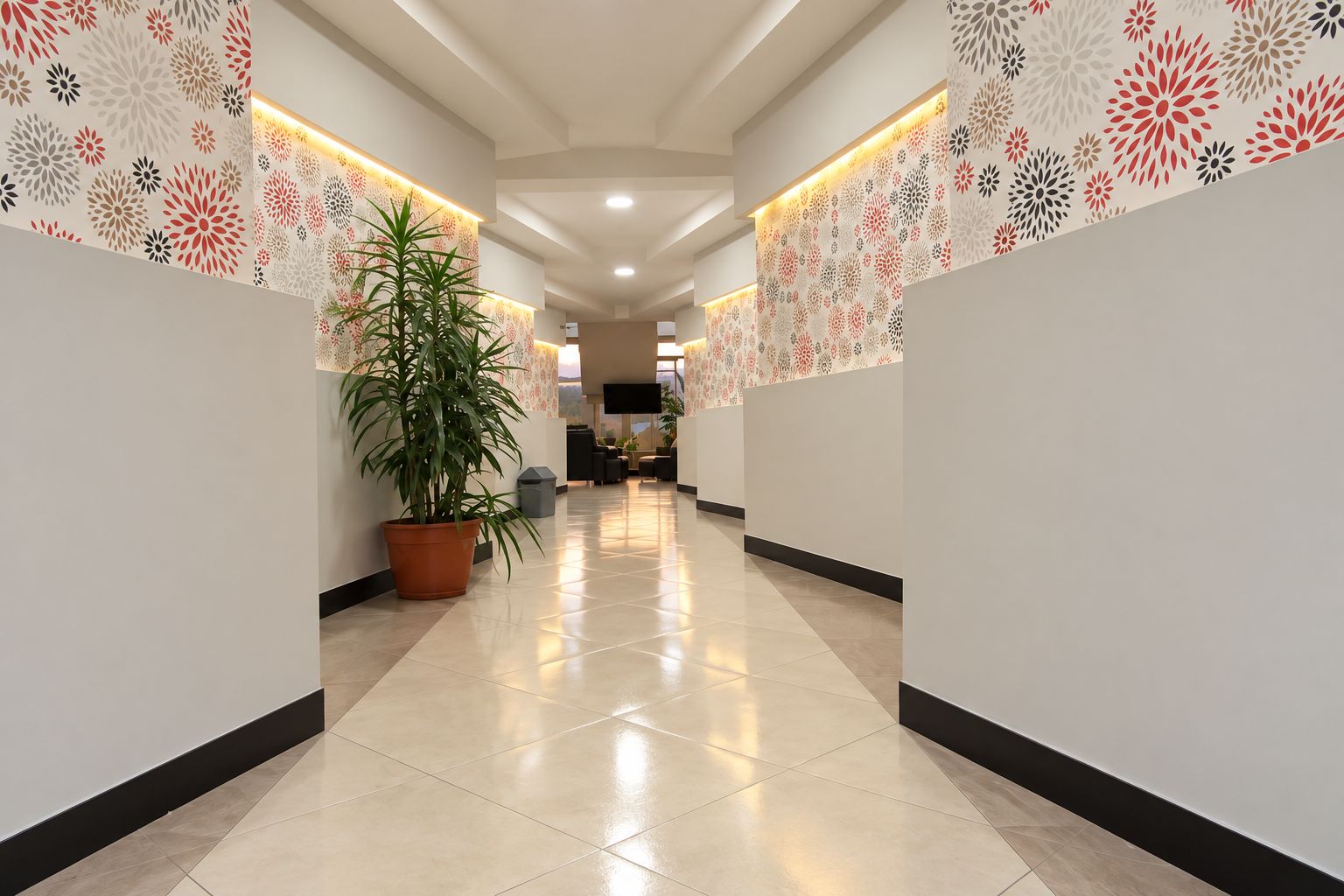 Un couloir d'hôtel aux murs décorés de motifs, une plante en pot et, au loin, un espace de réception.