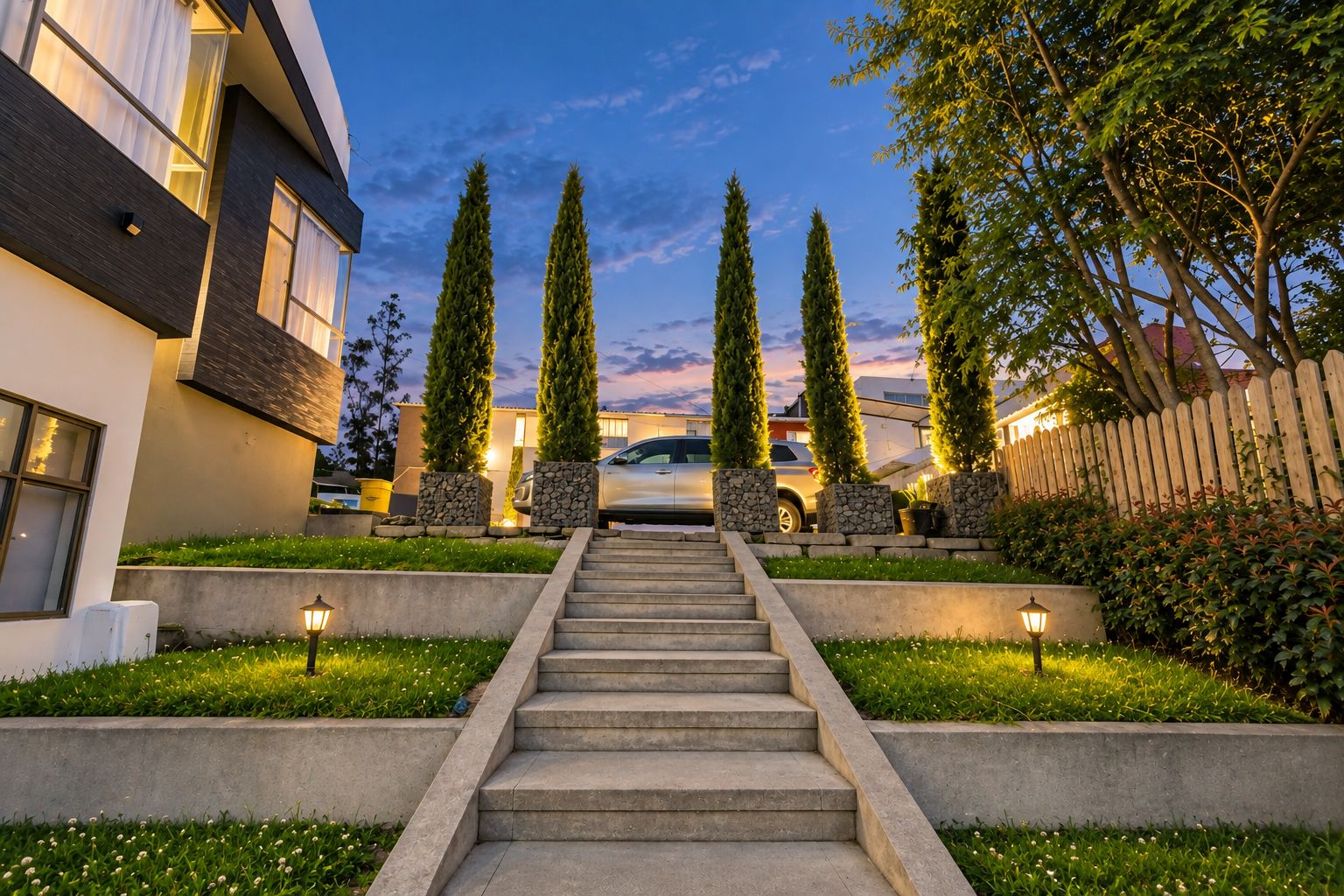 Una casa moderna con una escalera que lleva a la entrada, rodeada de follaje y una valla de madera.