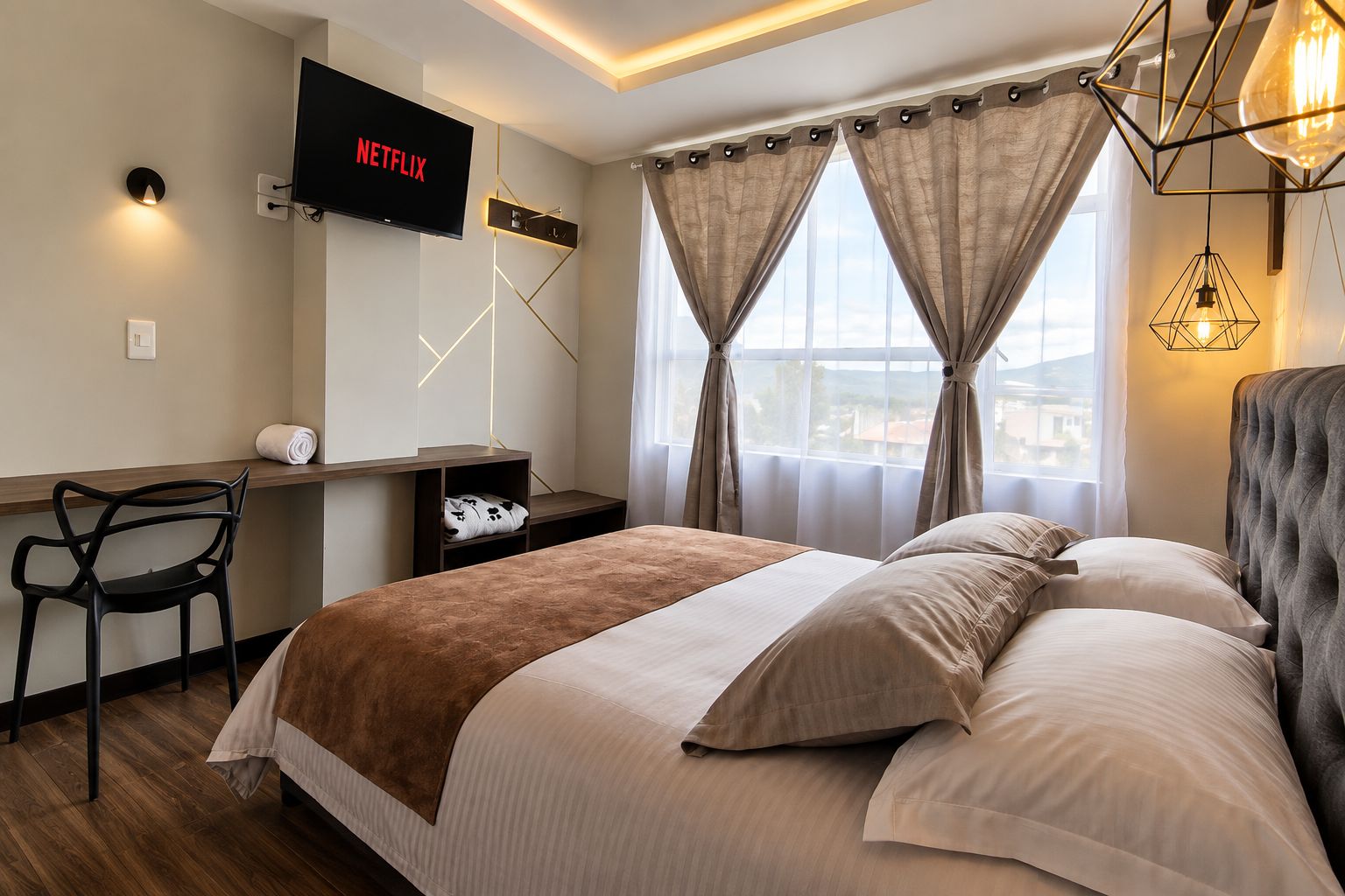 Habitación de hotel con cama, escritorio, silla, televisor montado en la pared y ventana con cortinas.