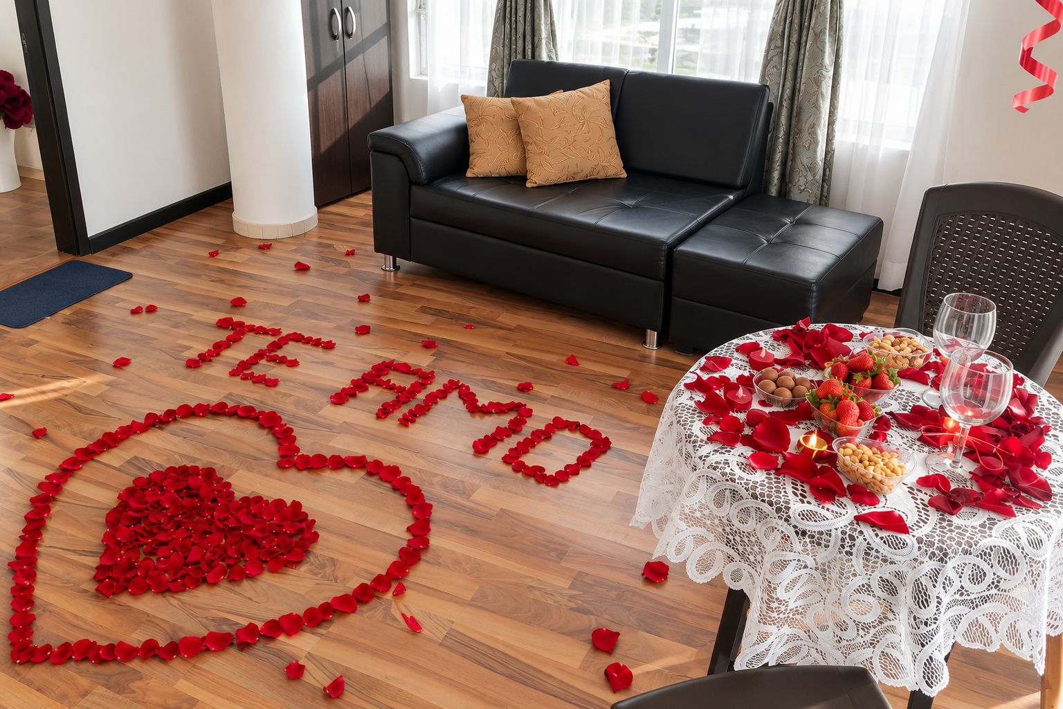 A room with a heart-shaped arrangement of rose petals spelling 'TE AMO' on the floor, a table with rose petals, strawberries, and nuts, and a black leather sofa with a pillow.