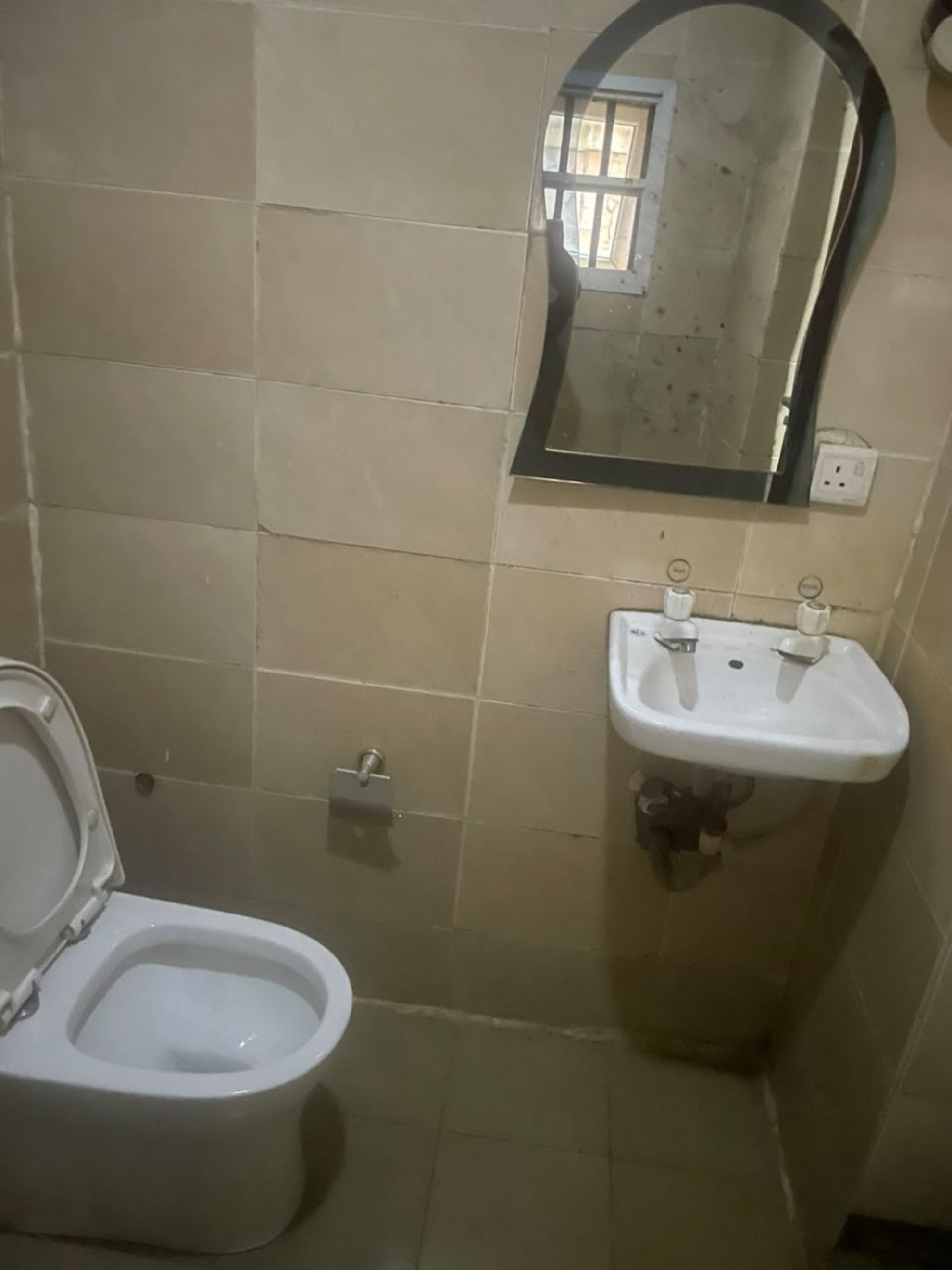 Een badkamer met toilet, wastafel en spiegel.