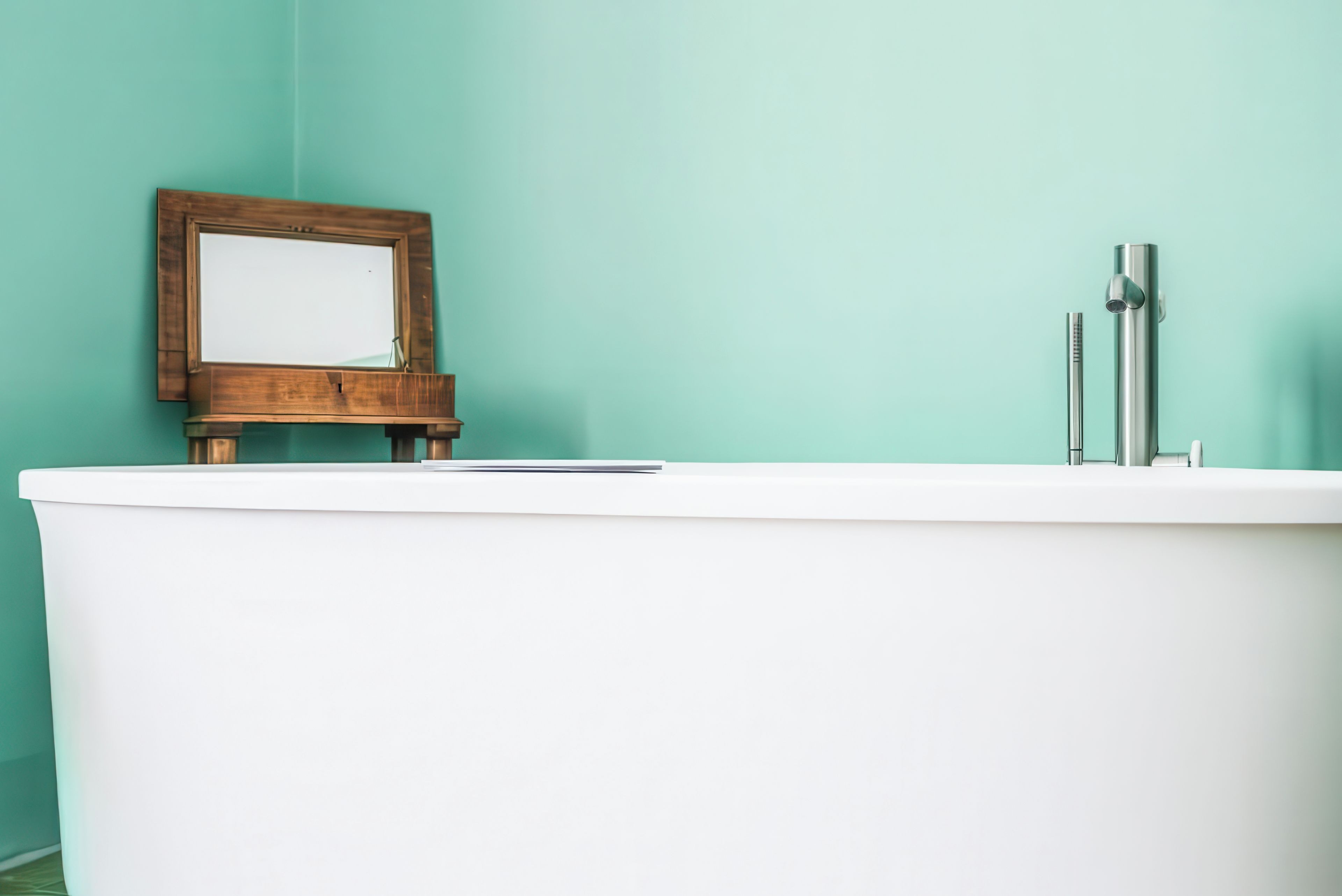 Une salle de bain avec une baignoire blanche, un miroir à cadre en bois et un robinet moderne.