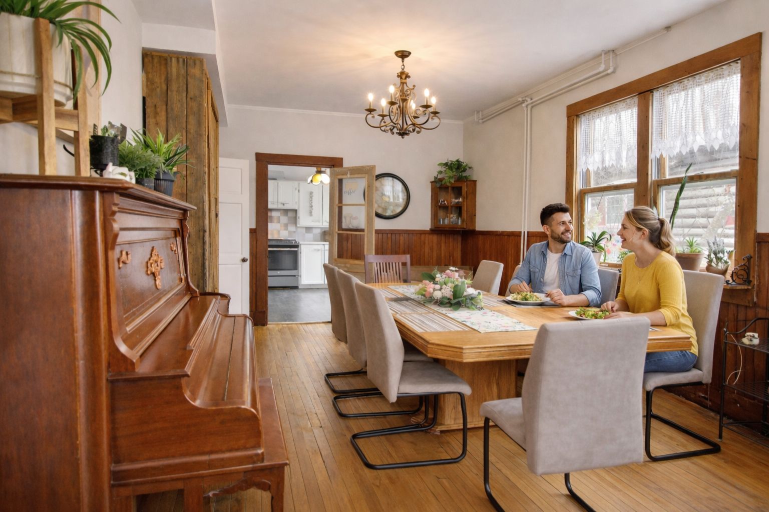 A dining area with a wooden table, chairs, and a chandelier. There is a kitchen in the background.