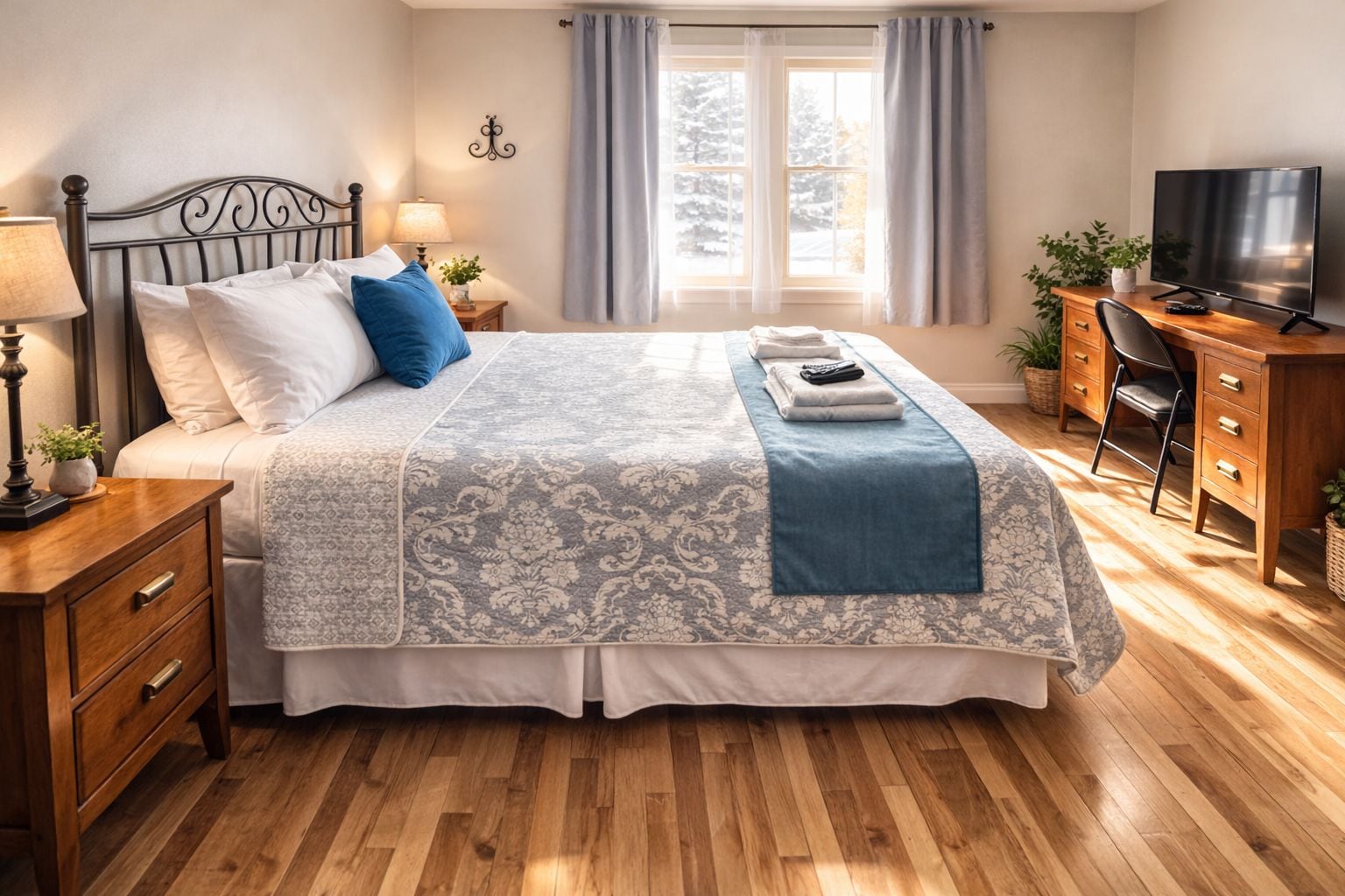 A bedroom with a bed, bedside tables, a desk with a chair, a television, and a window with curtains.