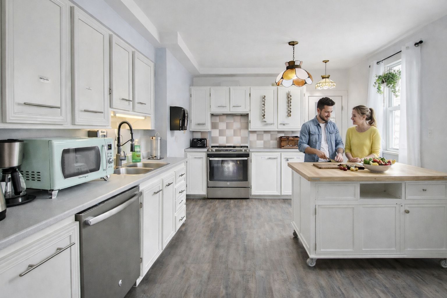 A modern kitchen with white cabinetry, a built-in oven, a microwave, and a coffee maker.