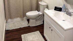 A bathroom with a toilet, a sink, a mirror, and a shower curtain. - Downtown Bryan Apt - Walk to Everything (Bryan)