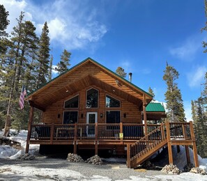 Een houten chalet met een groen dak, grote ramen en een overdekte veranda.